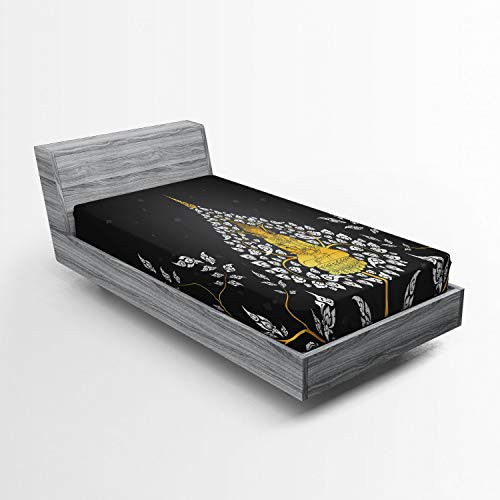 Lunarable Asian Fitted Sheet Thai Character with Floral Elements Meditation Illustration Soft Decorative Fabric Bedding All-Round Elastic Pocket Twin Size Charcoal Grey Yellow White