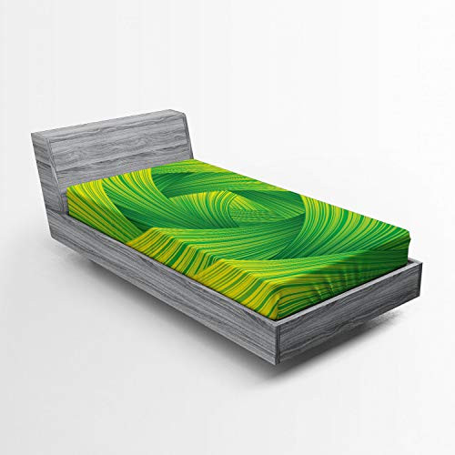 Lunarable Abstract Fitted Sheet Fresh Swirl Creativity Striped Curvy Waves Illustration Print Bed Cover with All-Round Elastic Deep Pocket for Comfort Twin Size Fern Green Yellow