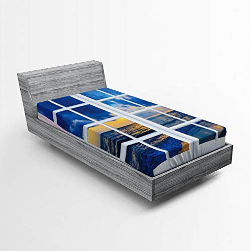 Ambesonne Landscape Fitted Sheet Sunset on The Sea Scenery from Window with Open Curtains Horizon Silence Relaxing Bed Cover with All-Round Elastic Deep Pocket for Comfort Twin Size Blue White