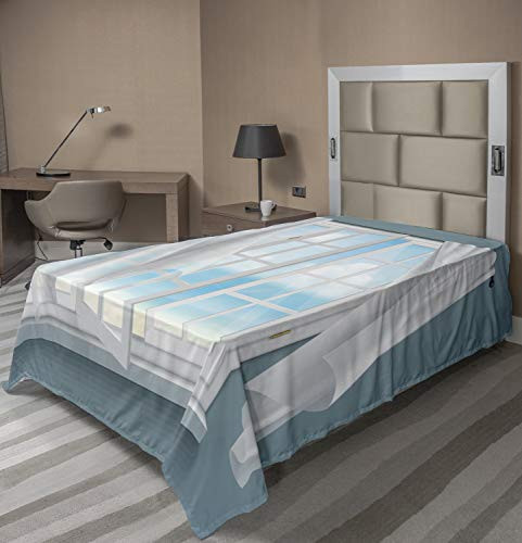 Lunarable Breeze Flat Sheet Open Window Billowing Whitish Curtains Alongside Sea Beach Landscape Graphic Soft Comfortable Top Sheet Decorative Bedding 1 Piece Twin Size Blue and White