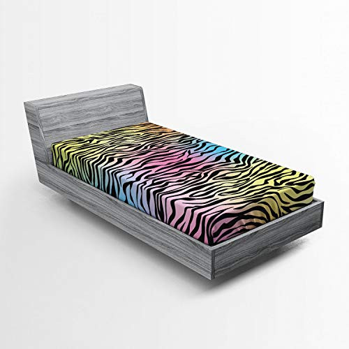 Ambesonne Zebra Print Fitted Sheet Colorful Zebra Pattern Animal Wilderness Themed Stylized Artwork Print Bed Cover with All-Round Elastic Deep Pocket for Comfort Twin Size Yellow Coral Pink