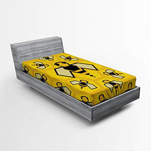Ambesonne Queen Bee Fitted Sheet Digitally Generated Insect Theme Geometric Arrangement Bed Cover with All-Round Elastic Deep Pocket for Comfort Twin Size Earth Yellow Charcoal Grey