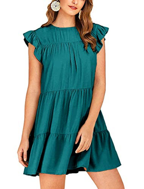 Remidoo Womens Round Neck Ruffle Sleeve Pleated Babydoll Tiered Mini Swing Dress Green Small