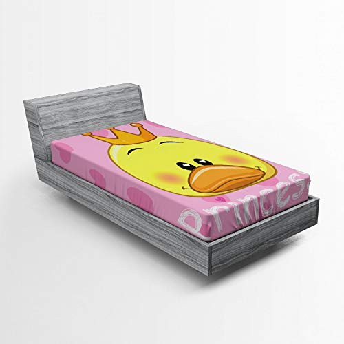 Ambesonne Feminine Fitted Sheet Cartoon Duck with Tiara and Hearts in The Background Fun Art Soft Decorative Fabric Bedding All-Round Elastic Pocket Twin Size Yellow and Pink