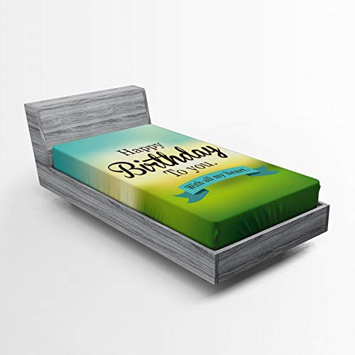 Ambesonne Birthday Fitted Sheet Sincere Greeting Message on a Blurred Background Celebration Theme Soft Decorative Fabric Bedding All-Round Elastic Pocket Twin Size Turquoise Green Yellow