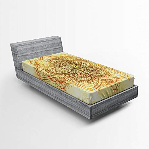 Ambesonne Eastern Fitted Sheet Old Mandala on Grunge Backdrop Traditional Motif Soft Decorative Fabric Bedding All-Round Elastic Pocket Twin Size Dark Orange and Pale Yellow
