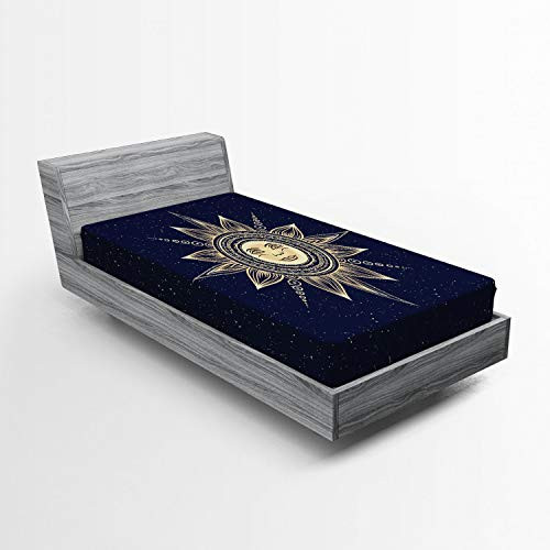 Ambesonne Psychedelic Fitted Sheet Vintage Occult Sun with Face Boho Esoteric Solar Display Print Bed Cover with All-Round Elastic Deep Pocket for Comfort Twin Size Dark Blue Yellow
