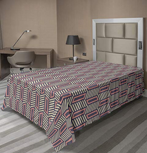 Lunarable Herringbone Flat Sheet Rhythmic Geometric Lines Motifs Optical Illusion Style Pattern Soft Comfortable Top Sheet Decorative Bedding 1 Piece Twin Size Pale Eggplant Coral