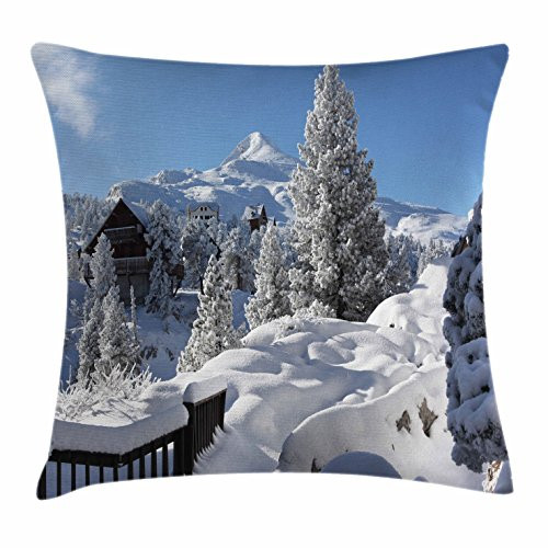 Ambesonne Alaska Throw Pillow Cushion Cover Winter Season in The North American Countryside Snow Covered Fields Trees Decorative Square Accent Pillow Case 20 inch X 20 inch White Sky Blue Brown