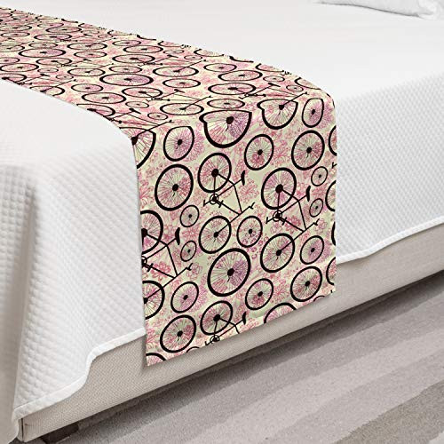 Ambesonne Bicycle Bed Runner Romantic Doodle Drawing with Pink Blossoms Fun Activity Youth Decorative Accent Bedding Scarf for Hotels Homes and Guestrooms Pale Yellow Dark Brown