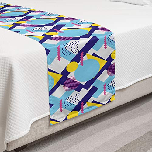 Ambesonne Geometric Bed Runner Colorful Various Elements Circles Stripes and Zigzags Retro Feels Decorative Accent Bedding Scarf for Hotels Homes and Guestrooms Indigo Pink Yellow