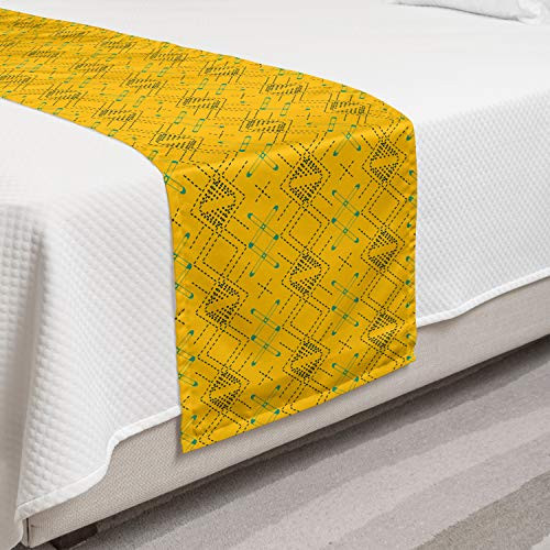Lunarable Abstract Bed Runner Continuous Modern Dashed Lines Dotted Stripes Pattern Decorative Accent Bedding Scarf for Hotels Homes and Guestrooms Earth Yellow Teal
