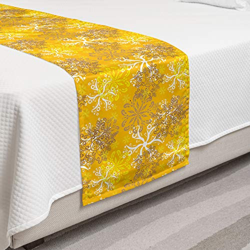 Ambesonne Yellow and White Bed Runner Snowflakes Design with Swirls and Curves on Yellow Toned Backdrop Decorative Accent Bedding Scarf for Hotels Homes and Guestrooms Marigold Yellow Tan