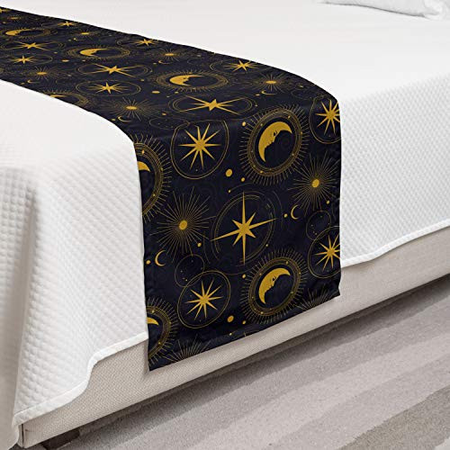 Ambesonne Alchemy Bed Runner Mystic Night Image Windrose Stars Sun and Crescent Moon with Human Face Decorative Accent Bedding Scarf for Hotels Homes and Guestrooms Indigo and Dark Yellow