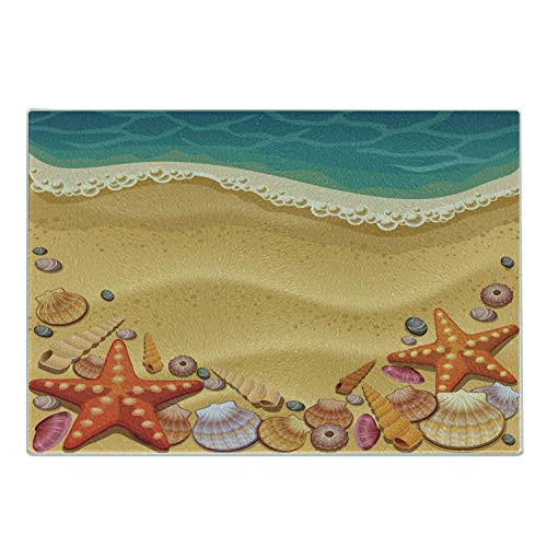 Ambesonne Seashells Cutting Board Seashells on the Beach Style Coastal Fun Relaxation Waves Shoreline Decorative Tempered Glass Cutting and Serving Board Small Size Sand Brown Orange Teal