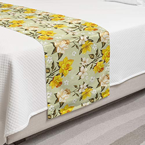 Ambesonne Vintage Bed Runner Narcissus Blossoms Little Wildflowers Green Leaves Classical Decorative Accent Bedding Scarf for Hotels Homes and Guestrooms Yellow Cream Pale Green