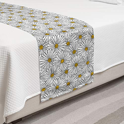 Lunarable Daisy Bed Runner Hand Drawn Blossoming Daisies Outline Drawings Garden Art Decorative Accent Bedding Scarf for Hotels Homes and Guestrooms Earth Yellow Grey