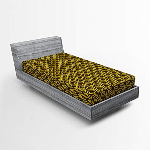 Ambesonne Abstract Fitted Sheet Art Deco Inspired Pattern with Shells Vintage Geometric Simplicity Bed Cover with All-Round Elastic Deep Pocket for Comfort Twin Size Earth Yellow Charcoal Grey
