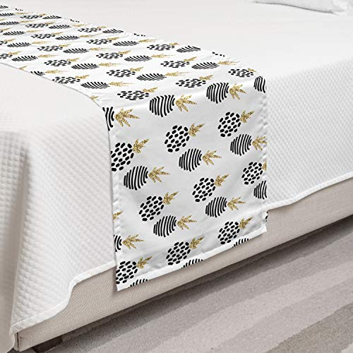 Lunarable Pineapple Bed Runner Abstract Tropical Hawaiian Fruit Pattern Doodle Style Stripe and Dots Decorative Accent Bedding Scarf for Hotels Homes and Guestrooms Yellow Black and White