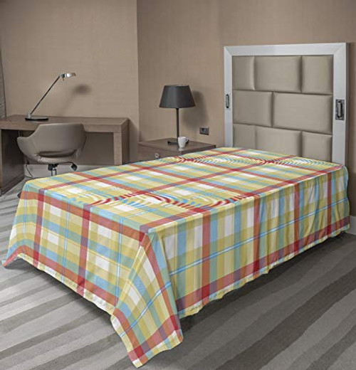 Ambesonne Plaid Flat Sheet Geometric Composition with Squares and Rectangles Colorful Shapes with Diagonal Lines Soft Comfortable Top Sheet Decorative Bedding 1 Piece Twin Size Multicolor