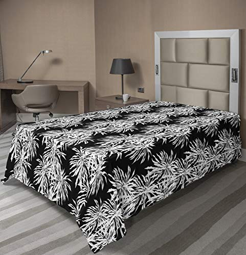 Lunarable Tropical Flat Sheet Image of Monochrome Exotic Leaves on Vertical Line Art Print Soft Comfortable Top Sheet Decorative Bedding 1 Piece Twin Size Charcoal Grey and Off White