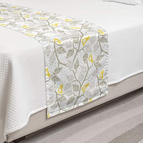 Ambesonne Grey and Yellow Bed Runner Abstract Tree Branches with Leaves Birds and Dots Spring Nature Decorative Accent Bedding Scarf for Hotels Homes and Guestrooms Grey Yellow and White