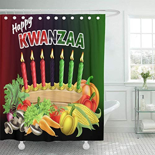 Sonernt Design Shower Curtain Green Happy Kwanzaa Candles Bath Curtains Waterproof Cloth Fabric Bathroom Decor Set with Hooks