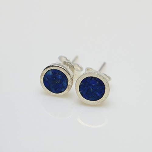 Circle-shaped Lapis Lazuli Micro Mosaic Sterling Silver Stud Earrings Semi Precious Gemstone by Handmade Studio
