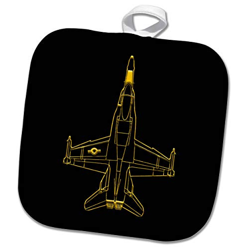3dRose Alexis Design - Aviation - Line image of F-18 fighter plane. Air force might. Yellow on black - 8x8 Potholder -phl_323642_1-