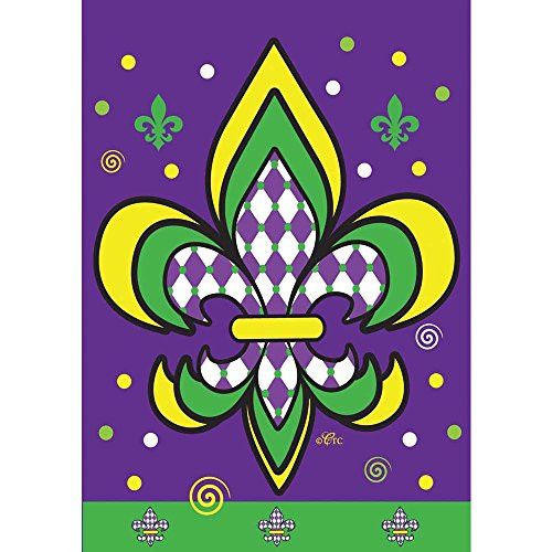 Harlequin Yellow Green Purple Fleur de Lis 18 x 13 Rectangular Double Applique Small Garden Flag