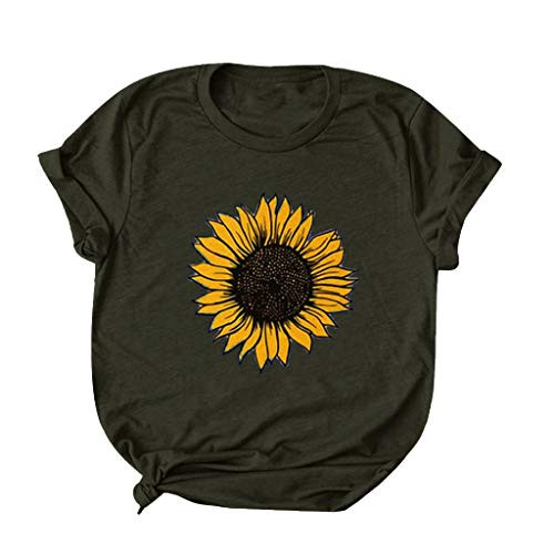Meikosks Womens Sunflower Print Tunic Summer Short Sleeve T Shirt Plus Size Tops Round Neck Tee Army Green