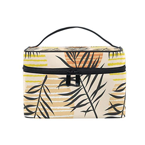 Makeup Cosmetic Bag Tropical Palm Leaves Round Striped Circle Orange Portable Travel Train Case Toiletry Bags Organizer Multifunction Storage