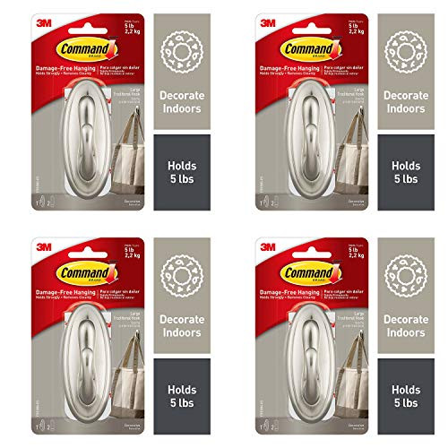 Command Large Traditional Hook Brushed Nickel Holds 5 lbs 1 Hook 2 Strips -17053BN-ES- - 4 Pack