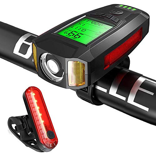 Bike Speedometer Headlight Taillight with Bicycle Speedometer USB Rechargeable Waterproof Odometer with Loud Bike Bell Bike Light Set Fit All Mountain  and  Road Bike-Black-