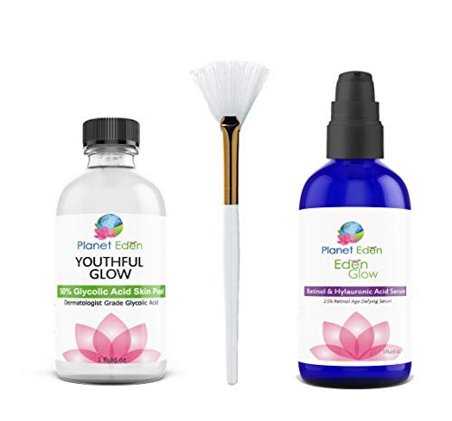 Planet Eden 50 percent Glycolic Acid Skin Chemical Peel Kit with 2.5 percent Retinol and Hyaluronic Acid Serum and Fan Brush Planet Eden 50 percent Glycolic Acid Skin Chemical Peel Kit with 2.5 percent Retinol and Hyaluronic Acid Serum and Fan Brush