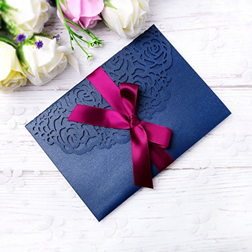 PONATIA 20 PCS 3 Folds 5x7'' Navy Blue Wedding Invitations Cards With Ribbons For Wedding Bridal Shower Engagement Birthday Graduation Invitation Cards (Navy Blue)