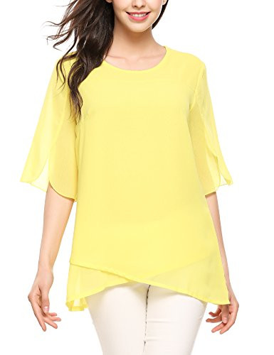 Zeagoo Womens Casual 3/4 Sleeve Crewneck Loose Tops Blouses Shirt Chiffon Tunic Yellow
