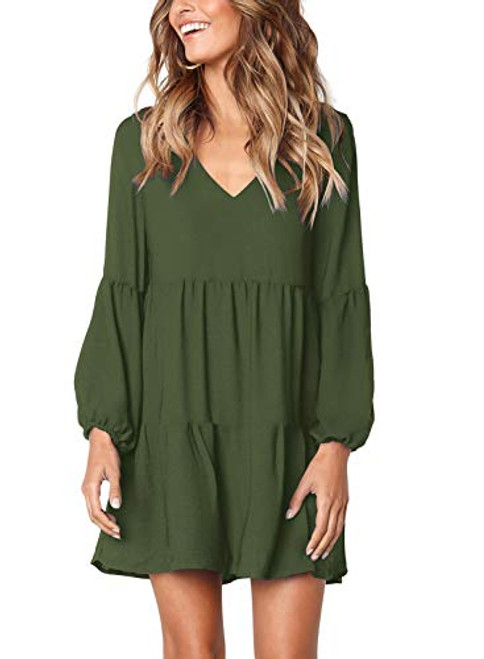 Arolina Womens Long Sleeve Tunic Dress V Neck Casual Loose Fall Flowy Swing Shift Dresses Army Green