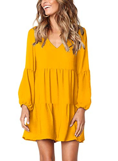 Arolina Womens Long Sleeve Tunic Dress V Neck Casual Loose Fall Flowy Swing Shift Dresses Yellow