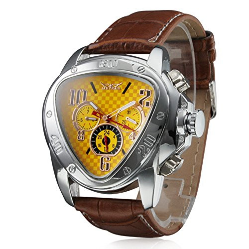 Mens Automatic Mechanical Triangle Dial Leather Band Wrist Watch - Yellow