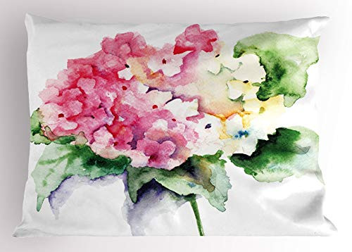 TYANG Floral Pillow Sham Hydrangea Flower Bouquet in Watercolor Blossoms Botany Petals Image Decorative Standard Queen Size Printed Pillowcase 30 X 20 inches Pink Yellow Forest Green