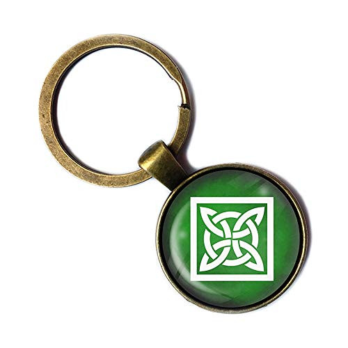 Celtic Symbol Knot Cross White on Green Bronze Keychain Keyring
