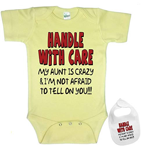 Handle with Care Ill Tell on You Custom Baby Bodysuit Onesie  and  Matching bib. Yellow