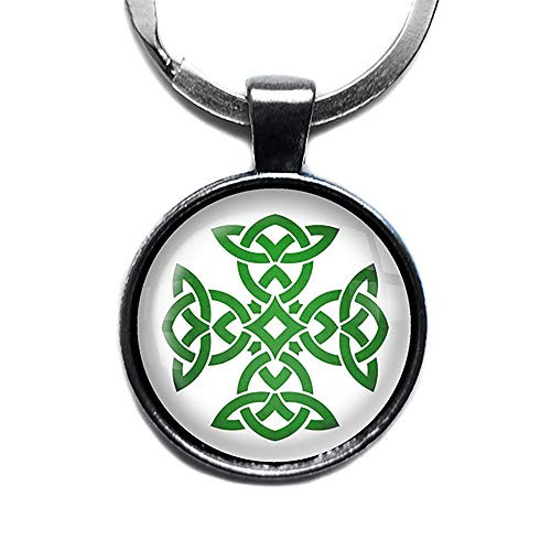 Celtic Symbol Knot Cross Green on White Silver Keychain Keyring