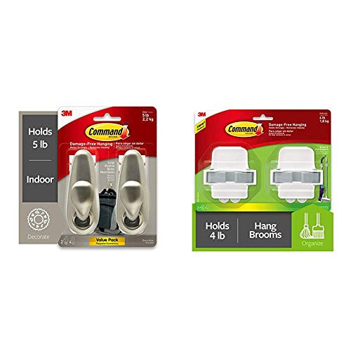 Command Hook Indoor Use -FC13-BN-2ES-  and  Broom  and  Mop Grippers 2-Grippers 4-Strips -17007-HW2ES-