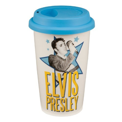 Vandor 47551 Elvis Presley 12 oz Double Wall Ceramic Travel Mug with Silicone Lid White Blue Black and Yellow