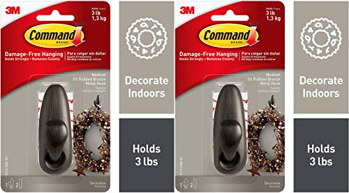 Command Metal Hook 1 Hook 2 Strips Oil Rubbed Bronze Holds 3 lbs -FC12-ORB-ES- 2 Pack