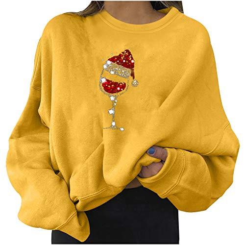 Pullover Tops for Women Christmas Sweatshirts Crewneck Long Sleeve Printed Casual Blouse Sweater Tunics Yellow
