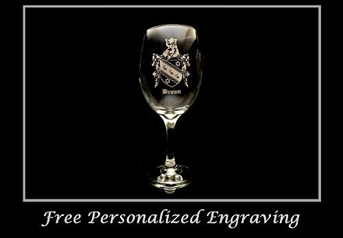 Brown English Family Coat of Arms Clear Wine Glass 18oz - Free Personalized Engraving Large Wine Glass