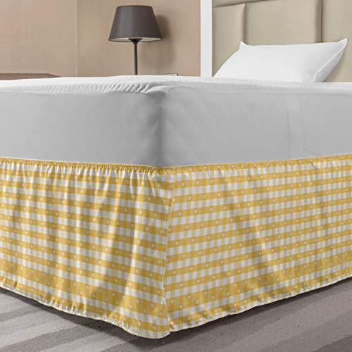 Ambesonne Vintage Yellow Bed Skirt Gingham Pattern with Bicolor Checkered Squares with Heart Motifs Elastic Bedskirt Dust Ruffle Wrap Around for Bedding Decor Twin/Twin XL White Mustard